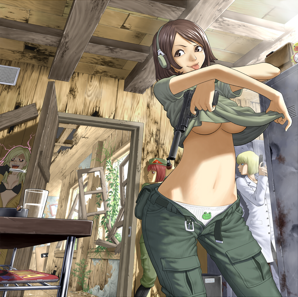4girls 5tatsu :p animal_print ashtray belt beret black_sclera blonde_hair blue_eyes blunt_bangs bob_cut box bra breasts broken_window brown_eyes brown_hair buckle cardboard_box cargo_pants ceiling cigarette clothes_lift colored_sclera contrapposto crossed_arms cup drinking_glass ear_protection electricity eva_(metal_gear) female_soldier frog frog_panties frog_print glint green_pants gun handgun hat hip_bones holding holding_gun holding_knife holding_weapon indoors jacket knife konami large_breasts licking licking_blade licking_weapon lingerie locker long_sleeves metal_gear_(series) metal_gear_solid metal_gear_solid:_portable_ops metal_gear_solid_3:_snake_eater military military_uniform multiple_girls navel no_bra open_belt open_fly open_mouth panties pants para-medic_(mgs3) parted_bangs pistol plant pouch print_panties red_hair ruins serious shirt_lift short_hair short_sleeves soldier standing stomach table tongue tongue_out trash_can unbuckled underboob underwear undressing unzipped weapon white_jacket white_panties wooden_wall zipper