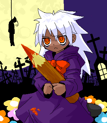 :&lt; bird blood character_request copyright_request cross dark-skinned_female dark_skin flower graveyard hanged latin_cross long_hair lowres mof night oekaki outdoors red_eyes stake vampire white_hair