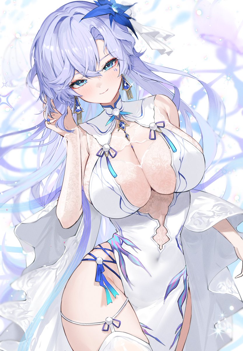 1girl adapted_costume bare_shoulders blue_eyes blue_flower breasts cantarella_(wuthering_waves) cleavage closed_mouth commentary covered_navel dress facial_mark flower garter_straps gurami_(zangizarang) hair_between_eyes hair_flower hair_ornament highres large_breasts long_hair looking_at_viewer mark_under_eye mole mole_under_eye no_panties purple_hair revision simple_background smile solo standing thighhighs white_background white_dress white_thighhighs wuthering_waves