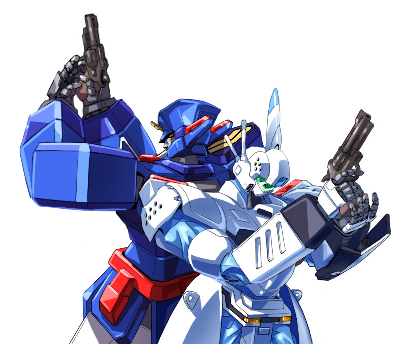 37_millimeter_vulcan_revolver_cannon autocannon av-98_ingram back-to-back cannon colt_python deckerd gun handgun holding holding_gun holding_weapon kidou_keisatsu_patlabor mecha no_humans police revolver revolver_cannon robot taedu trait_connection weapon white_background yuusha_keisatsu_j-decker yuusha_series