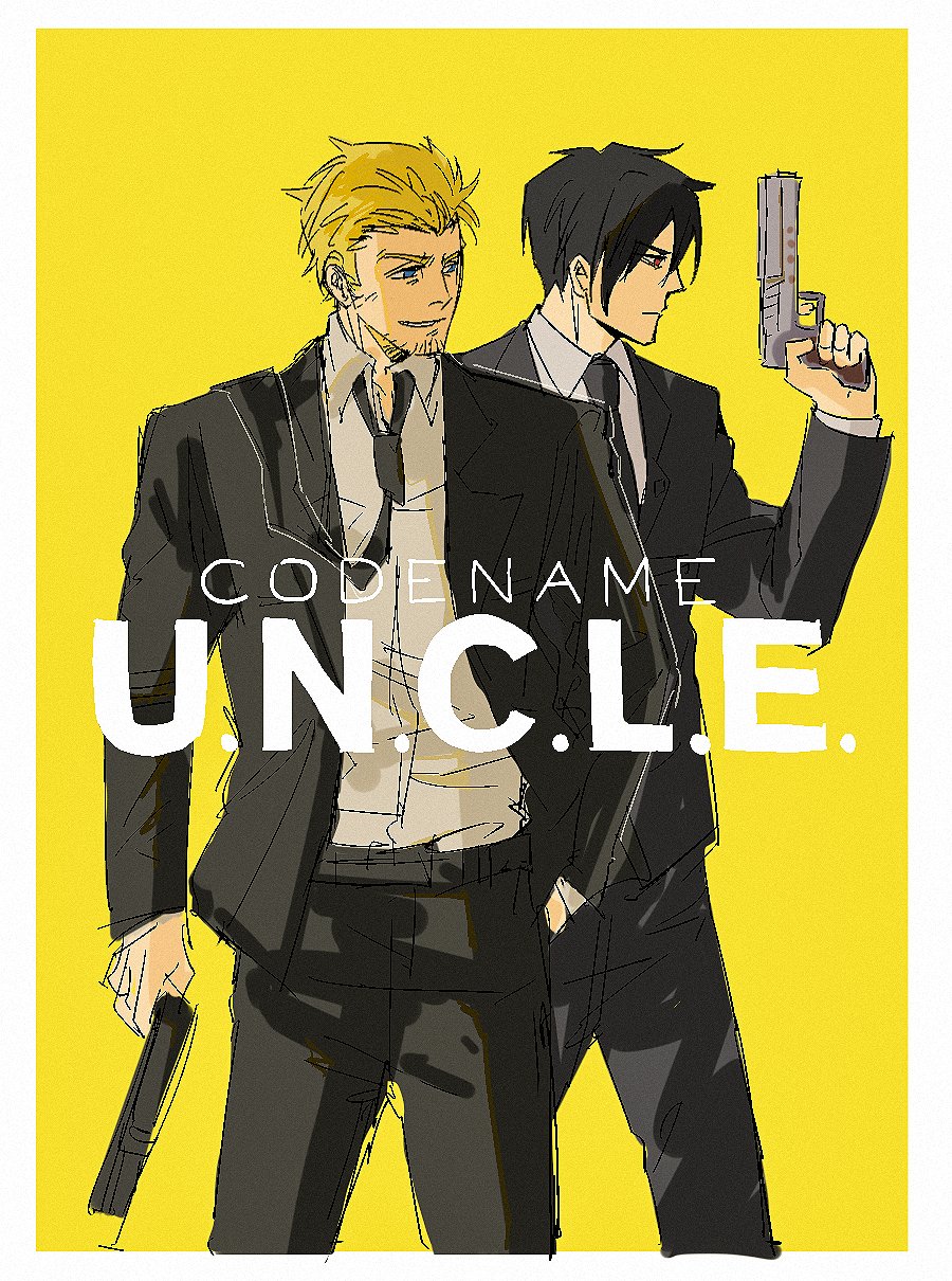 2boys alternate_costume black_hair black_jacket black_necktie black_suit blonde_hair blue_eyes cid_highwind collared_shirt facial_hair feet_out_of_frame final_fantasy final_fantasy_vii formal_clothes gun hand_in_pocket highres holding holding_gun holding_weapon jacket long_sleeves male_focus multiple_boys necktie open_clothes open_jacket red_eyes shirt short_hair standing suit suit_jacket turks_(ff7) vincent_valentine wayneturne26208 weapon white_shirt yellow_background