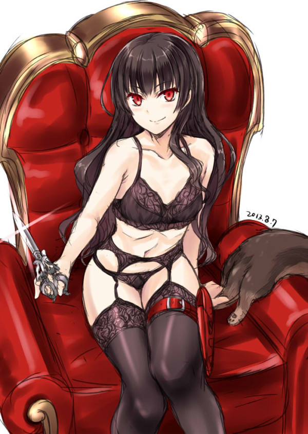 10s 1girl black_bra black_hair black_panties black_thighhighs blush bra breasts commentary_request dated dog evil_smile garter_belt garter_straps harumi_kazuhito holster inu_to_hasami_wa_tsukaiyou lingerie long_hair nabeshima_tetsuhiro natsuno_kirihime navel panties red_eyes scissors sitting small_breasts smile solo_focus thigh_holster thighhighs throne underwear underwear_only