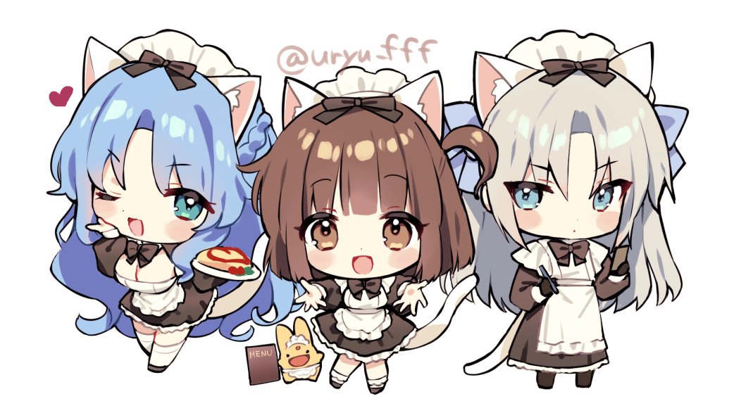1boy 2girls :d ;d alternate_costume animal_ears apron arle_nadja artist_name black_bow black_dress black_gloves black_shoes blue_bow blue_eyes blue_hair blunt_bangs blush_stickers bow bowtie braid breasts brown_eyes brown_hair carbuncle_(puyopuyo) cat_boy cat_ears cat_girl cat_tail chibi cleavage closed_mouth commentary creature crossdressing dress enmaided eyes_visible_through_hair food frilled_apron frilled_dress frilled_socks frills full_body gloves grey_hair hair_bow hands_up heart holding holding_menu holding_pen holding_plate kemonomimi_mode large_breasts long_hair long_sleeves looking_at_viewer maid maid_headdress medium_hair menu multiple_girls natsuki_marina omelet omurice one_eye_closed one_side_up open_mouth outstretched_arms parted_bangs pen plate puyopuyo rulue_(puyopuyo) schezo_wegey shoes simple_background smile socks tail twitter_username white_apron white_background white_socks