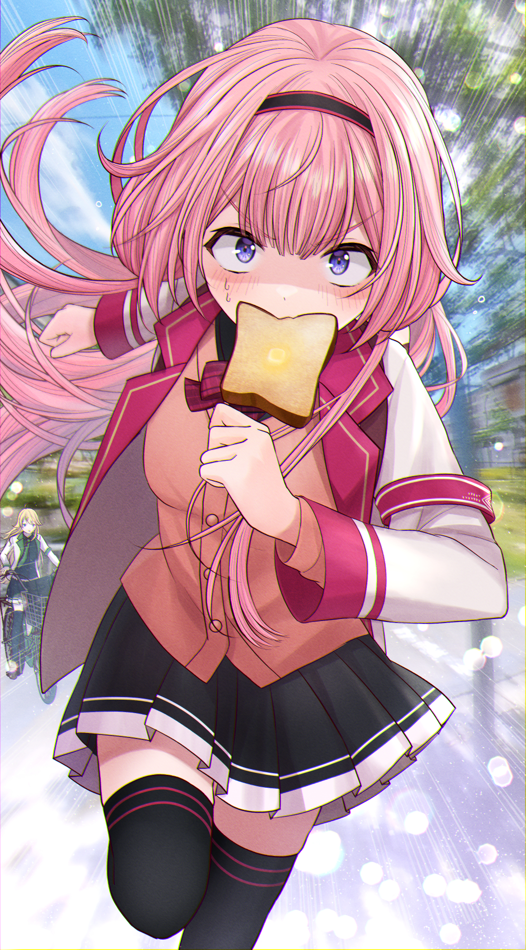 1girl black_skirt black_thighhighs bread_slice cardigan food food_in_mouth highres jacket kashiwagi_touko late_for_school long_hair low_twintails mouth_hold nijisanji pink_cardigan pink_hair pleated_skirt purple_eyes running school_uniform skirt solo suo_sango suo_sango_(1st_costume) thighhighs toast toast_in_mouth twintails virtual_youtuber white_jacket