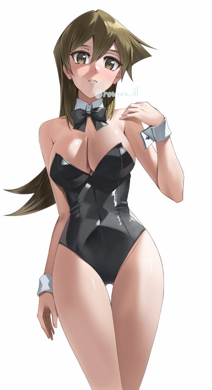 1girl alternate_costume bare_legs bare_shoulders black_bow black_bowtie black_leotard blush bow bowtie breasts brown_eyes brown_hair cleavage collar detached_collar feet_out_of_frame gluteal_fold hair_between_eyes hand_up large_breasts leotard long_hair looking_at_viewer parted_lips rourou_ill shiny_clothes solo strapless strapless_leotard tenjouin_asuka thigh_gap thighs twitter_username white_background white_collar wrist_cuffs yu-gi-oh! yu-gi-oh!_gx