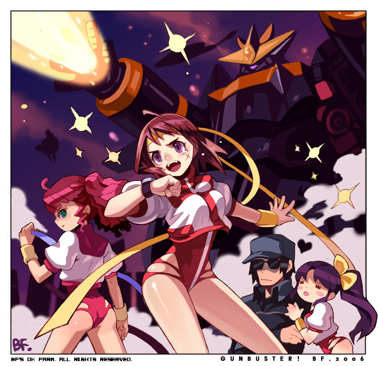 1boy 3girls amano_kazumi bf._(sogogiching) cross_scar green_eyes gunbuster hug jung_freud koichiro_ohta leotard mecha multiple_girls oota_kouichirou pilot_suit purple_eyes purple_hair red_hair red_leotard robot scar star_(symbol) sunglasses takaya_noriko top_wo_nerae! top_wo_nerae!_(series)