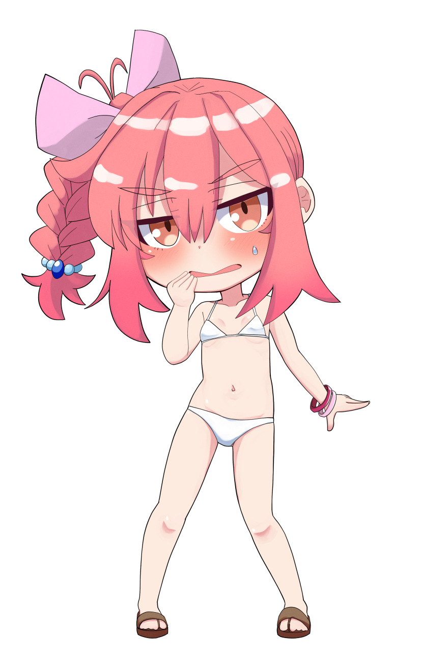 1girl bikini blush bow bracelet braid breasts brown_eyes brown_sandals chibi chibi_only commentary_request cookie_(touhou) full_body hair_bow hand_up high_braided_ponytail highres jewelry long_hair looking_at_viewer navel open_mouth pink_hair purple_bow pyukasshori sandals sasorihime_(cookie) simple_background single_braid small_breasts solo standing swimsuit white_background white_bikini