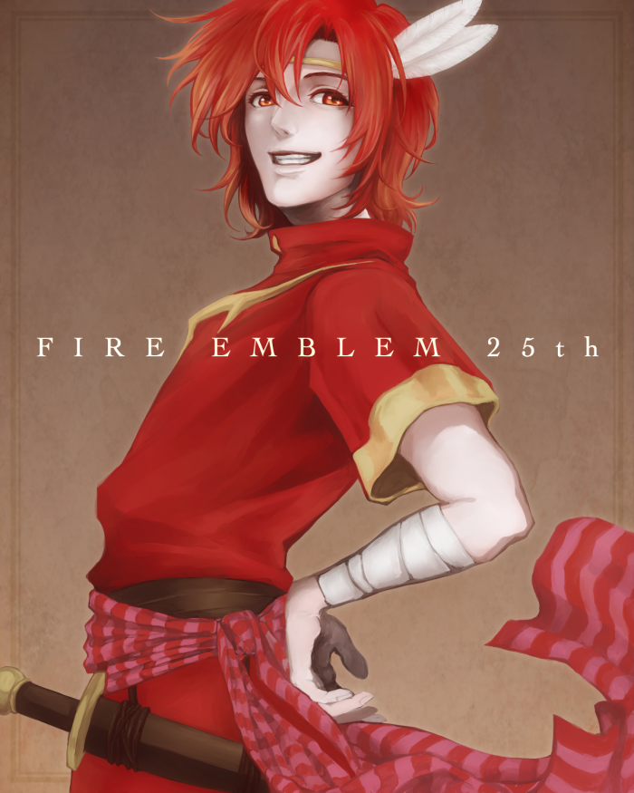 1boy brown_background copyright_name fe_baragaki05 feathers fire_emblem fire_emblem:_mystery_of_the_emblem grin male_focus nintendo red_eyes red_hair smile solo sword weapon xane_(fire_emblem)