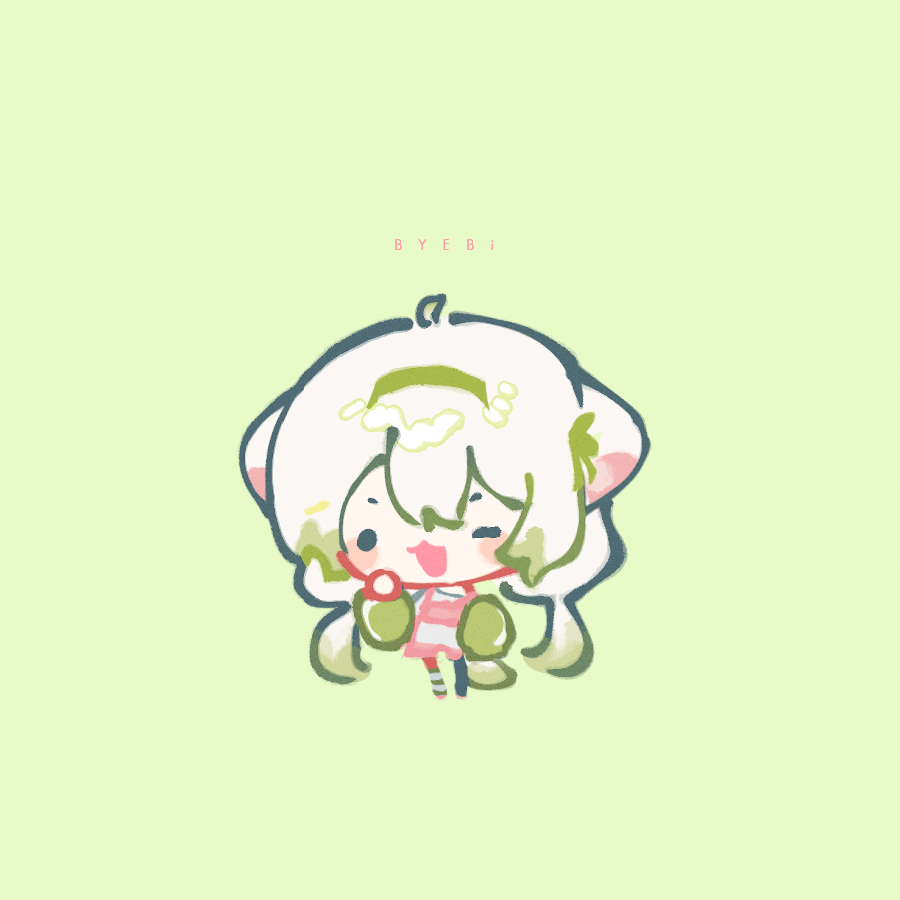 1girl ;3 ahoge animal_ears artist_name asymmetrical_legwear byebi chibi chibi_only english_text ferret ferret_ears ferret_girl ferret_tail gradient_hair gradient_tail green_hair green_tail hair_between_eyes hairband hand_on_own_face indie_virtual_youtuber laimu_(vtuber) laimu_(vtuber)_(cozy) multicolored_hair multicolored_tail one_eye_closed overalls pink_overalls single_sleeve_past_fingers sleeves_past_fingers sleeves_past_wrists sweater tail thighhighs twintails two-tone_hair two-tone_tail vinesauce virtual_youtuber white_hair white_tail