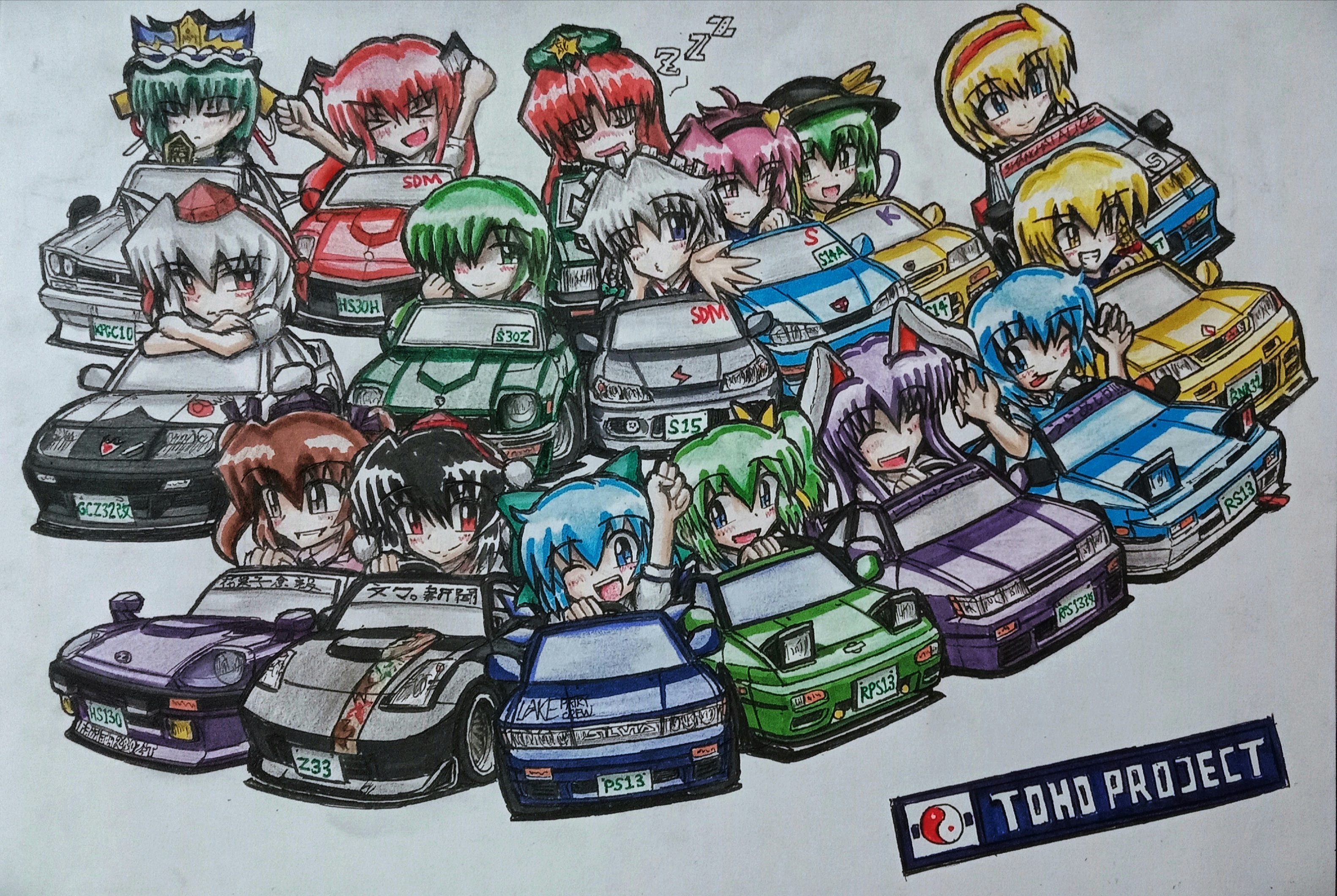 >_< 280z-t2by2_hgs130 6+girls alice_margatroid beret black_hairband black_hat brown_hair car chibi cirno commentary copyright_name daiyousei datsun datsun_240z datsun_260z english_commentary green_car green_eyes green_hair green_hat hairband hat head_wings highres himekaidou_hatate hong_meiling inubashiri_momiji izayoi_sakuya kirisame_marisa koakuma kochiya_sanae komeiji_koishi komeiji_satori motor_vehicle multiple_girls nissan nissan_350z nissan_fairlady_z nissan_silvia nissan_silvia_s13 nissan_silvia_s14 nissan_silvia_s15 nissan_skyline nissan_skyline_gt-r nissan_skyline_r32 one_eye_closed one_eye_covered open_hand pink_hair pop-up_headlights purple_car red_eyes red_hair red_hairband reisen_udongein_inaba shameimaru_aya shiki_eiki short_hair side_ponytail smile sports_car tatara_kogasa tongue tongue_out touhou traditional_media twintails vehicle_focus vehicle_request white_hair wings