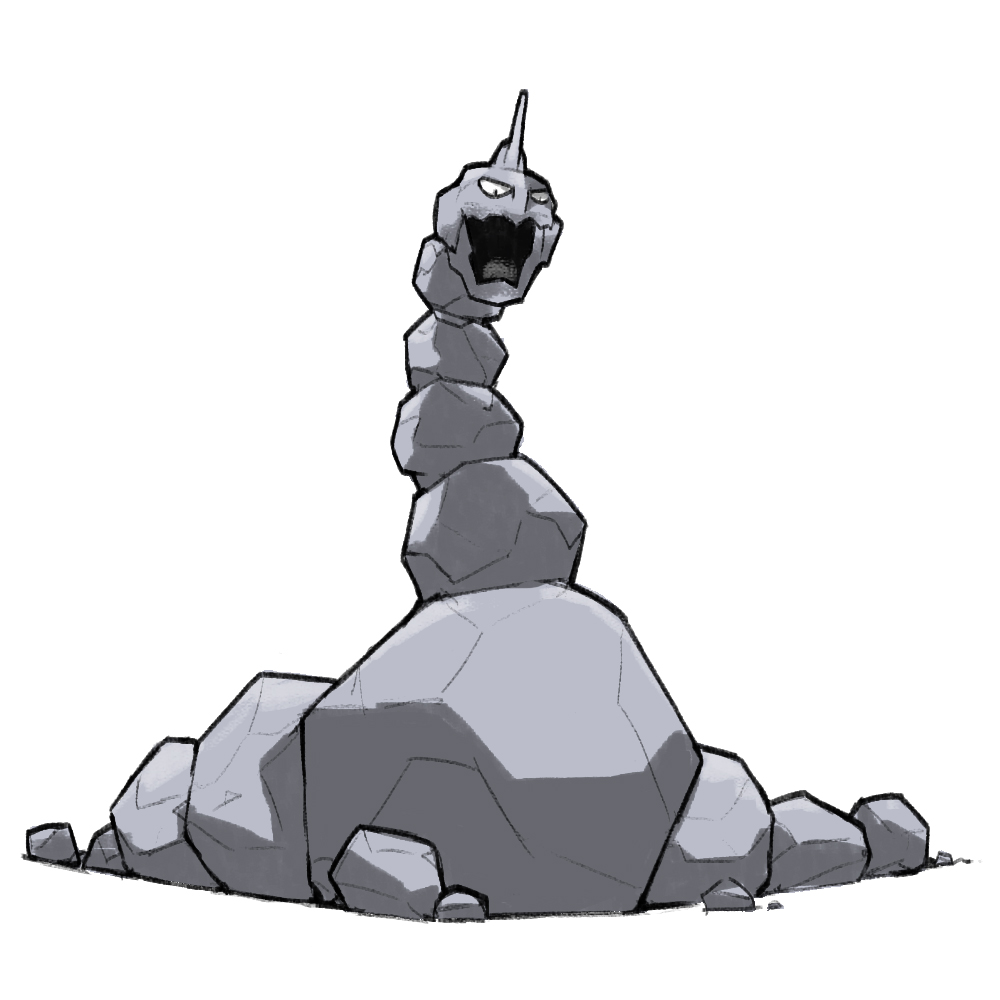 blacknirrow full_body game_freak gen_1_pokemon nintendo no_humans onix open_mouth pokemon pokemon_(creature) pokemon_focus rock simple_background solo white_background