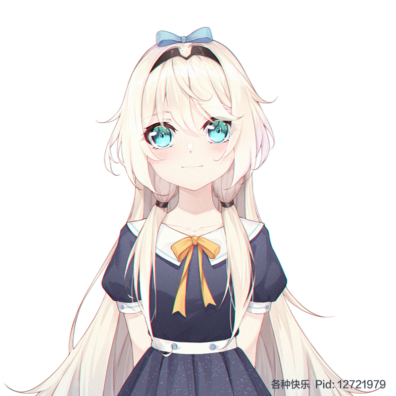 1girl aged_down alternate_costume an-94_(girls&#039;_frontline) artist_name black_dress blonde_hair blue_eyes blue_ribbon bow commentary_request commission dress ge_zhong_kuaile girls&#039;_frontline hair_between_eyes hair_bow hair_over_shoulder hairband juliet_sleeves long_hair long_sleeves looking_at_viewer pixiv_commission puffy_sleeves ribbon short_sleeves solo upper_body white_background yellow_neckwear yellow_ribbon