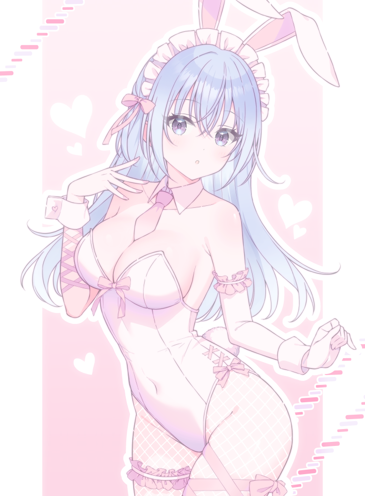 1girl animal_ears bare_shoulders blue_hair bow breasts cleavage collarbone covered_navel cowboy_shot detached_collar fishnet_pantyhose fishnets grey_eyes hair_between_eyes heart idolmaster idolmaster_shiny_colors laces leotard long_hair looking_at_viewer maid_headdress medium_breasts necktie open_mouth pantyhose pink_background pink_bow pink_necktie playboy_bunny rabbit_ears shirasato_(phzm8733) short_necktie solo suzuki_hana two-tone_background white_background white_leotard wrist_cuffs