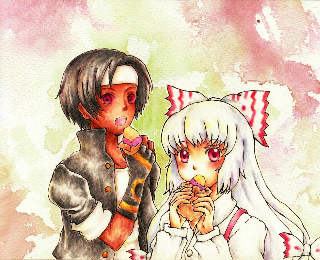 1boy 1girl baked_potato blush bow brown_hair colored_sclera crossover dark-skinned_male dark_skin eating fingerless_gloves food fujiwara_no_mokou gloves hair_bow holding holding_food long_hair long_sleeves m.u.g.e.n open_mouth power_connection red_eyes red_sclera roasted_sweet_potato shirt suspenders sweet_potato the_king_of_fighters torikokoro touhou very_long_hair white_bow white_shirt