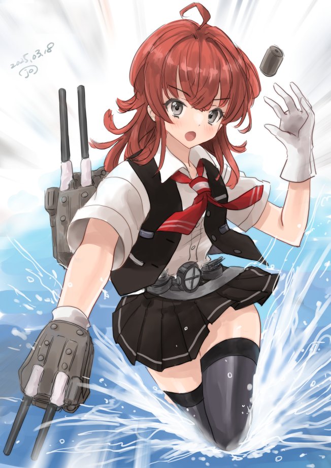 1girl adapted_turret ahoge arashi_(kancolle) belt black_skirt black_thighhighs black_vest collared_shirt dress_shirt kantai_collection kitagawa_mikio medium_hair neckerchief one-hour_drawing_challenge open_mouth pleated_skirt purple_eyes red_hair red_neckerchief shirt skirt solo splashing thighhighs throwing vest water white_shirt