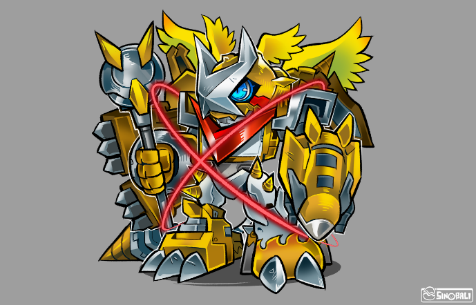 arm_cannon armor artist_logo artist_name digimon digimon_(creature) gold_armor grey_background holding holding_microphone logo mecha microphone robot shoutmon_x7 shoutmon_x7_superior_mode simple_background sinobali solo weapon