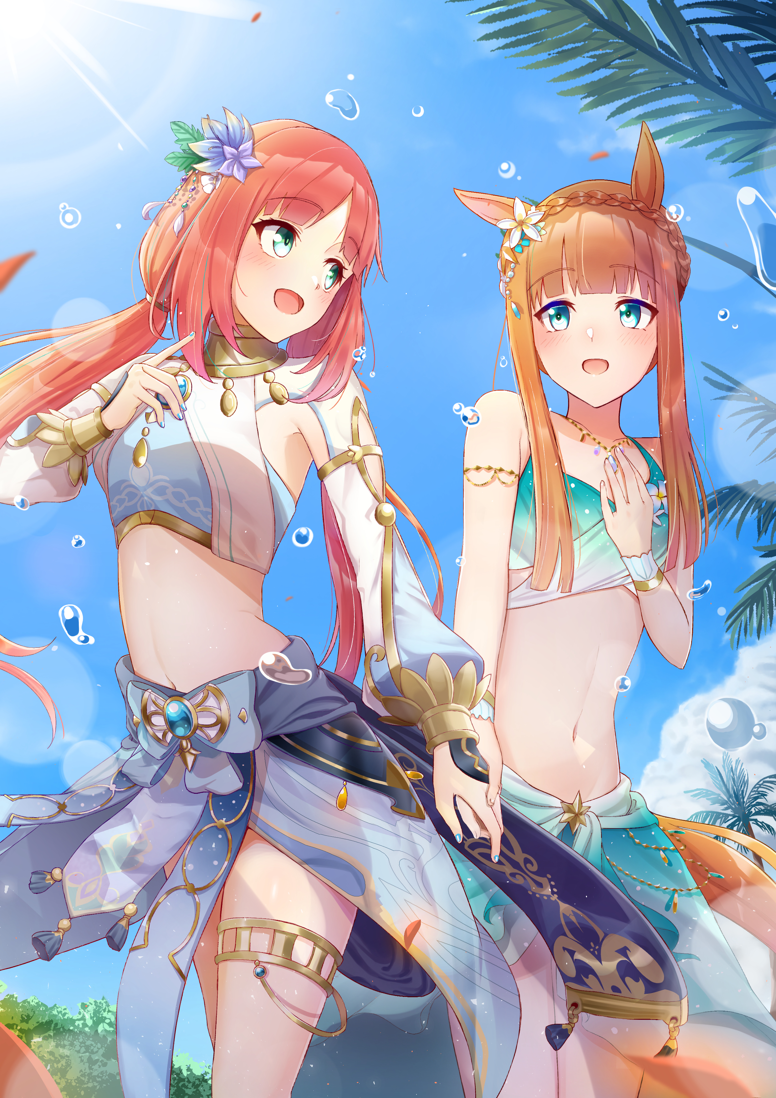 2girls abish absurdres alternate_costume alternate_hairstyle animal_ears blue_eyes braid breasts bubble cloud color_connection commentary_request cosplay cowboy_shot crossover crown_braid flower genshin_impact hair_flower hair_ornament hand_on_own_chest harem_outfit highres holding_hands horse_ears horse_girl jewelry long_hair look-alike low_twintails medium_breasts multiple_girls navel necklace nilou_(genshin_impact) open_mouth orange_hair palm_tree ribbon silence_suzuka_(emerald_on_the_waves)_(umamusume) silence_suzuka_(umamusume) sky tree twintails umamusume