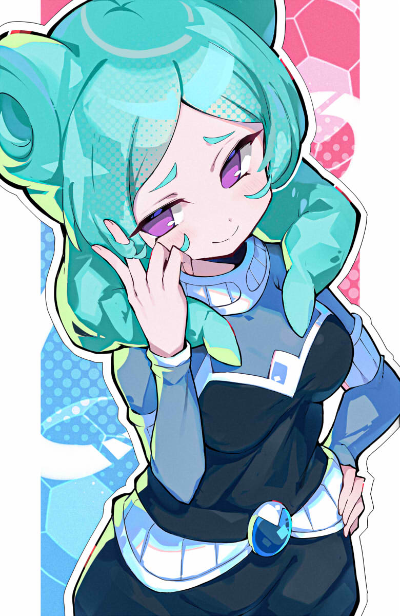 1girl aqua_hair beta_(inazuma_eleven) breasts grabbing_own_hair grey_shirt hand_on_own_hip highres inazuma_eleven_(series) inazuma_eleven_go inazuma_eleven_go_chrono_stone medium_breasts omochishiki purple_eyes shirt smile solo