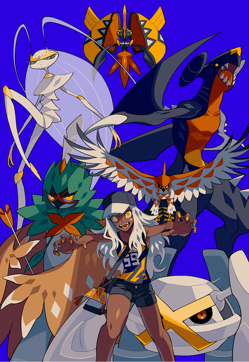 1girl alternate_color baseball_cap blue_background commentary cowboy_shot dark-skinned_female dark_skin decidueye edarow english_commentary fangs garchomp gen_3_pokemon gen_4_pokemon gen_6_pokemon gen_7_pokemon hat legendary_pokemon long_hair looking_at_viewer metagross nintendo pheromosa pokemon pokemon_(creature) reaching reaching_towards_viewer shiny_pokemon shorts simple_background slit_pupils talonflame tank_top tapu_koko ultra_beast very_long_hair white_hair yellow_eyes yellow_tank_top