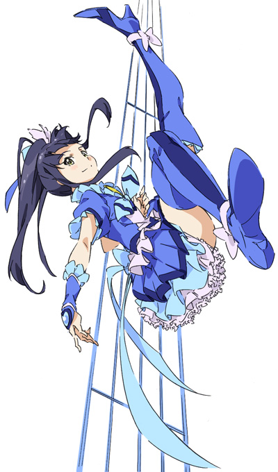 1girl arm_warmers blue_boots blue_bow blue_bowtie blue_ribbon blue_shirt blue_skirt blue_theme blue_thighhighs boots bow bowtie closed_mouth commentary_request cosplay crossover cure_beat cure_beat_(cosplay) female_focus frilled_skirt frills full_body hair_ribbon layered_skirt looking_at_viewer magical_girl nanase_yoshino ponytail precure puffy_short_sleeves puffy_sleeves purple_hair ribbon shirt short_sleeves sidelocks simple_background sketch skirt smile solo suite_precure thigh_boots thighhighs umanosuke wake_up_girls! white_background yellow_eyes
