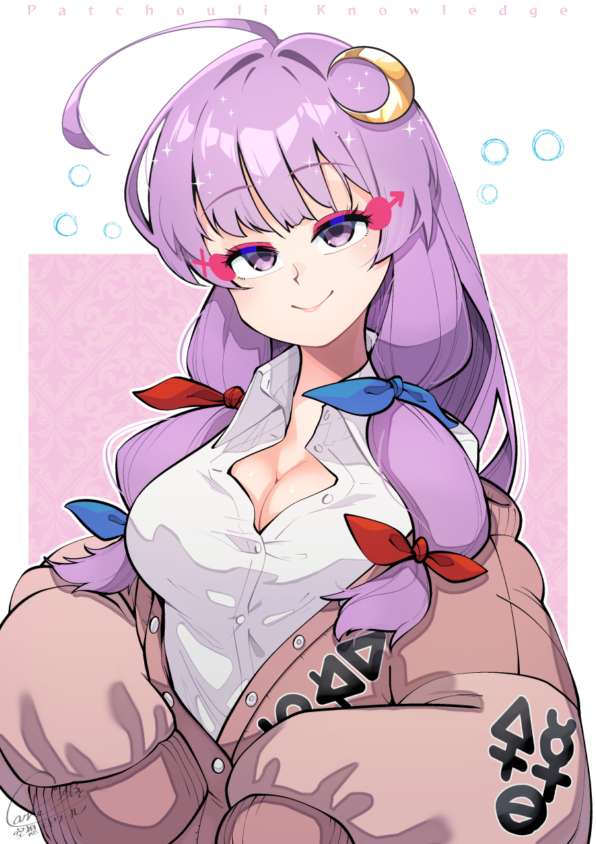 alternate_costume breasts carte cleavage highres large_breasts patchouli_knowledge smile touhou