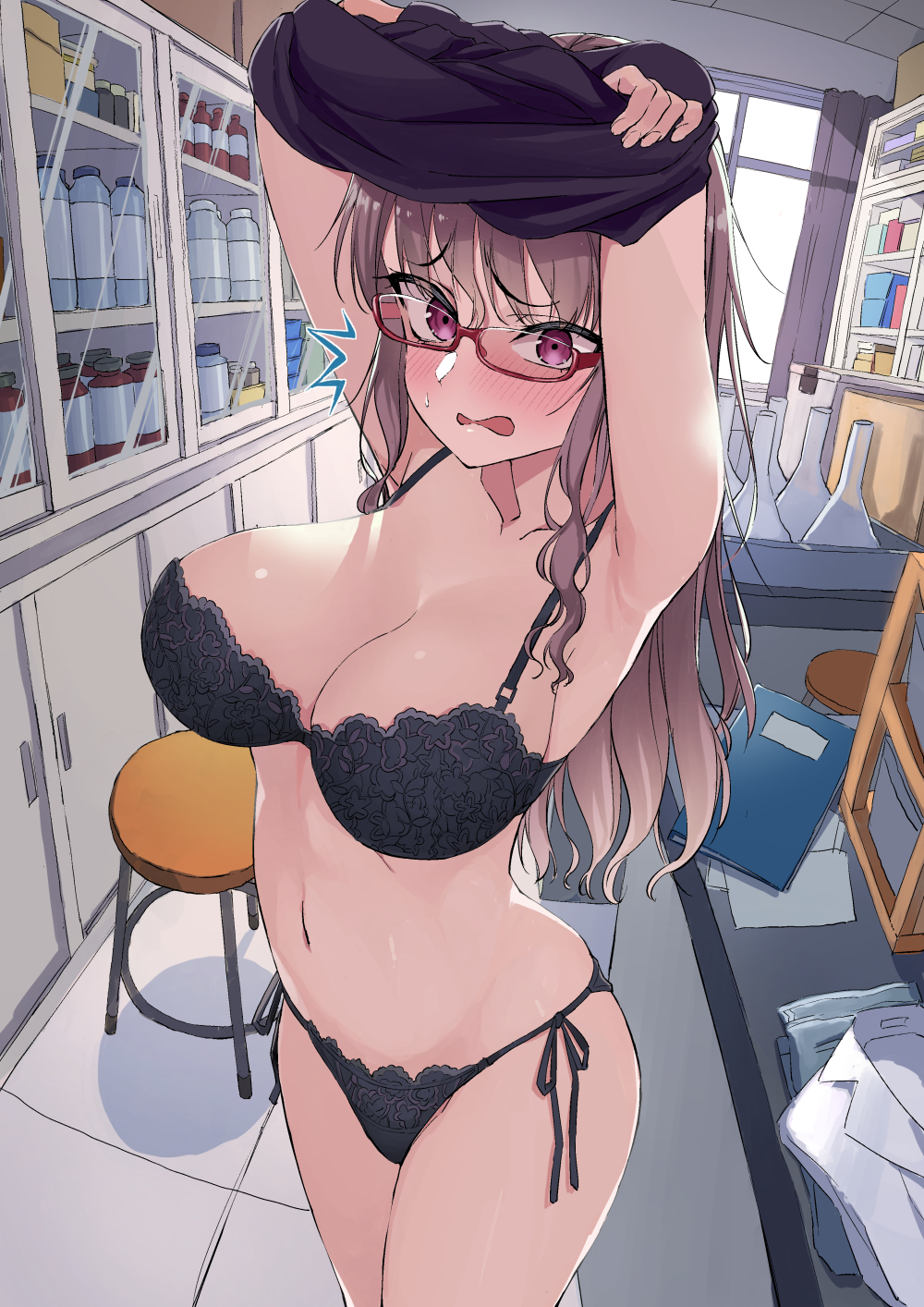 1girl armpits arms_up black_bra black_panties blush bra breasts brown_hair cabinet caught cleavage embarrassed erlenmeyer_flask flask furrowed_brow glasses glassware highres indoors ishizaka_ryuudai laboratory lace lace_bra lace_panties large_breasts long_hair looking_at_viewer navel open_mouth original panties purple_eyes semi-rimless_eyewear side-tie_panties solo standing surprised sweatdrop teacher underwear undressing