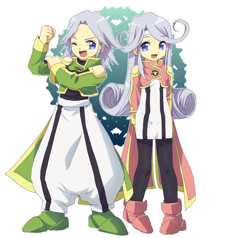 1boy 1girl black_pantyhose blue_eyes brother_and_sister dio_(tales) full_body grey_hair headband long_hair looking_at_viewer mel_(tales) murata_tefu open_mouth pantyhose siblings smile tales_of_(series) tales_of_phantasia tales_of_phantasia:_narikiri_dungeon tales_of_phantasia:_narikiri_dungeon_x white_hair