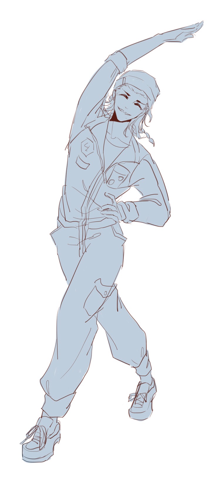 1boy ^_^ arm_up beanie blue_theme braid bu_zhengzheng_zhengzai chinese_commentary closed_eyes collarbone collared_jumpsuit commentary_request danganronpa_(series) danganronpa_2:_goodbye_despair full_body hand_on_own_hip happy hat highres jumpsuit leaning_to_the_side long_hair long_sleeves male_focus monochrome parted_lips pocket sharp_teeth shoes simple_background single_braid sleeve_cuffs sleeve_rolled_up smile sneakers soda_kazuichi solo standing stretching tank_top teeth white_background zipper