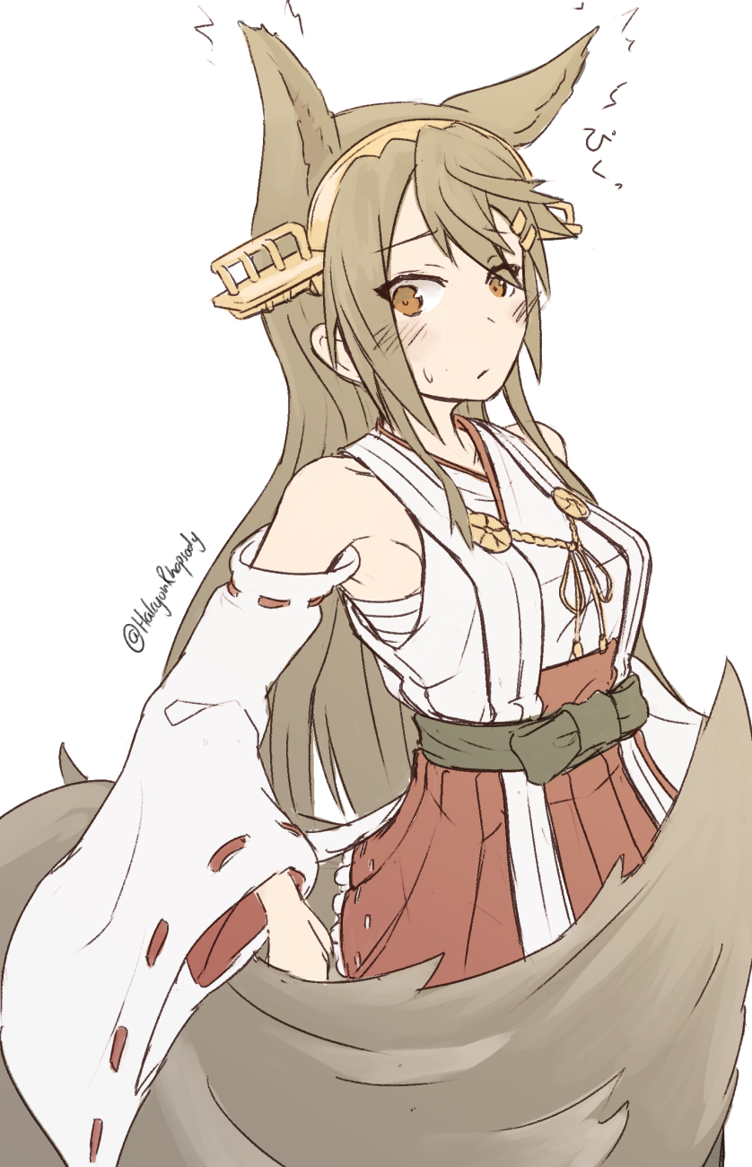 1girl animal_ears armpits blush breasts brown_eyes brown_hair cowboy_shot detached_sleeves fox_ears fox_tail frilled_hakama hair_between_eyes hair_ornament hakama hakama_skirt halcyon_(halcyon90) haruna_(kancolle) headgear highres japanese_clothes kantai_collection long_hair looking_to_the_side medium_breasts nontraditional_miko ribbon-trimmed_sleeves ribbon_trim rigging sarashi skirt solo surprised sweatdrop tail twitter_username white_background wide_sleeves