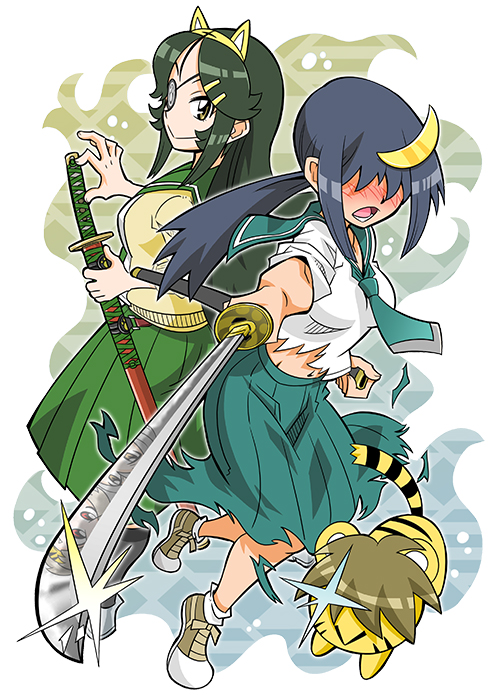 2girls animal_ears blush character_request comic_toranoana eyepatch fake_animal_ears hair_over_eyes kotora_(toranoana) long_hair long_skirt looking_at_viewer mook-tv multiple_girls official_art ooba_sara pointing pointing_at_viewer pointing_melee_weapon pointing_sword ponytail reflection scabbard school_uniform serafuku sheath skirt sword tiger_ears tora_da_yo. toranoana torn_clothes weapon yellow_eyes