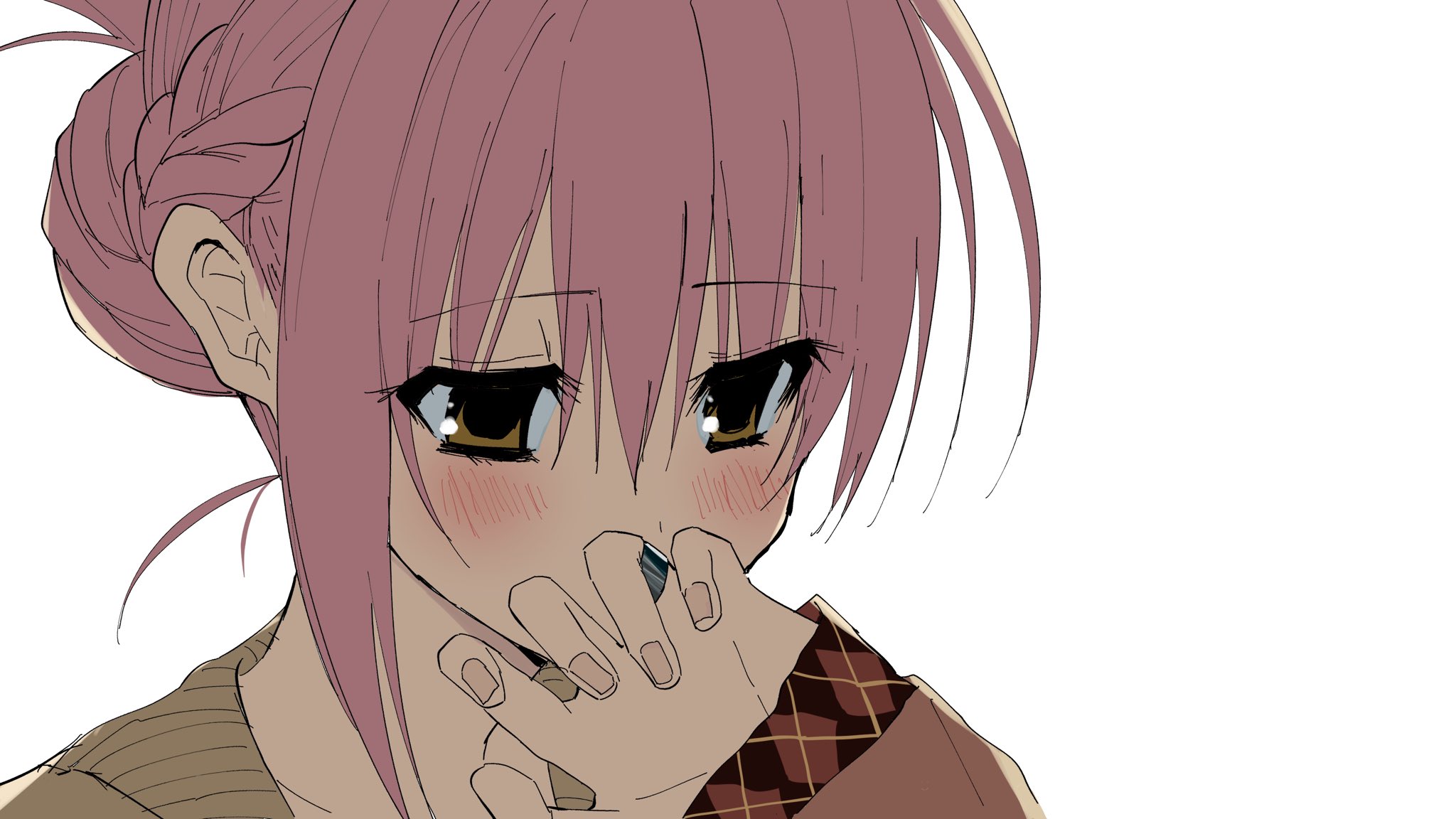 1girl blush braid brown_eyes covering_own_mouth hair_bun half_up_braid hand_up highres jewelry kasukasugom1 long_sleeves nail_polish pink_hair pink_nails ring sakura_no_toki sakura_no_uta simple_background single_hair_bun sleeves_past_wrists solo toritani_makoto upper_body wedding_ring white_background