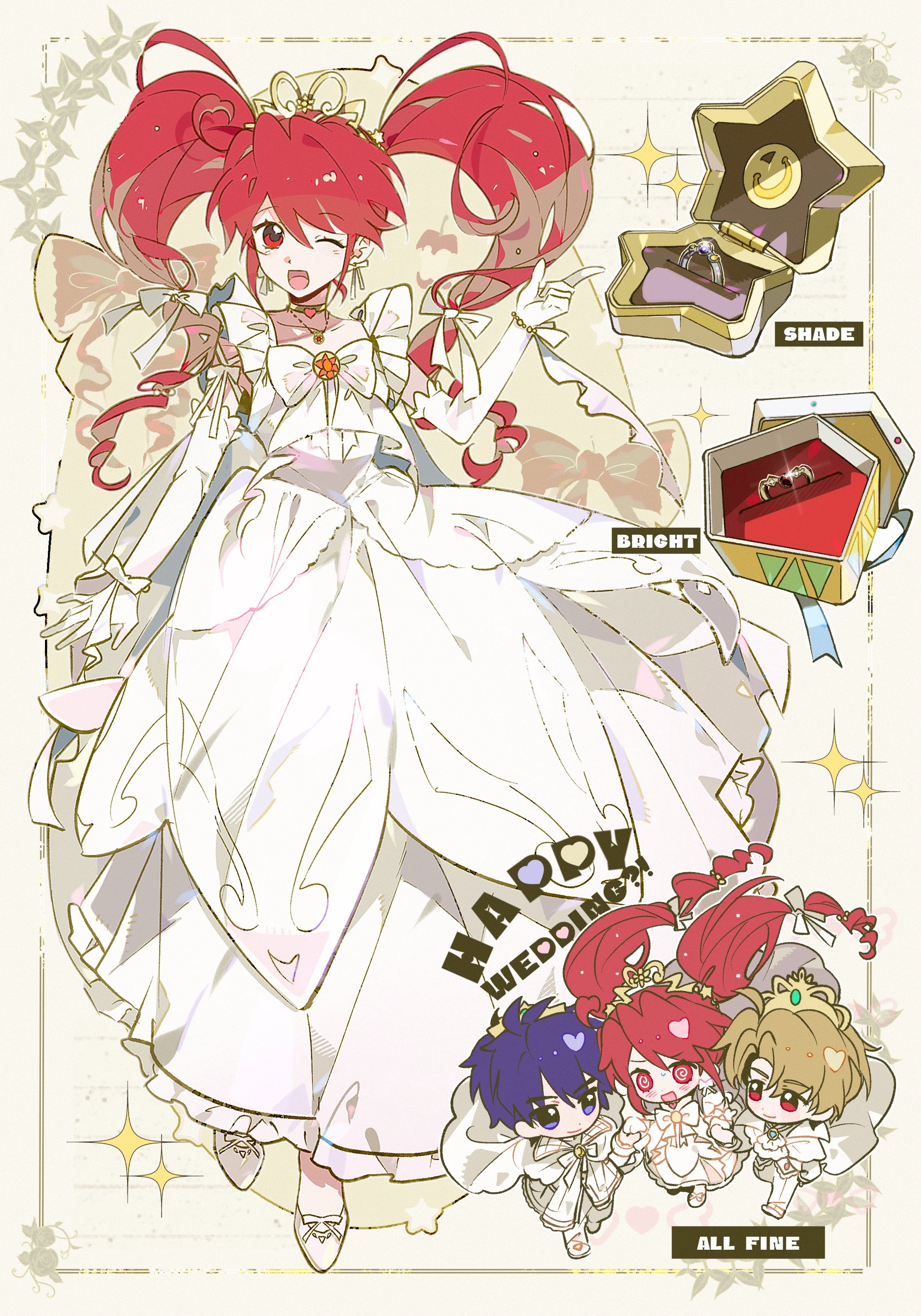 1girl 2boys @_@ absurdres aged_up blonde_hair blue_hair bow bowtie bridal_veil bride bright_(futagohime) character_name chibi choker collarbone dress elbow_gloves english_text fine_(futagohime) floating_clothes floating_hair formal_clothes frilled_dress frilled_gloves frilled_veil frills fushigiboshi_no_futago_hime gloves gold_tiara gown groom hair_bow happy_wedding heart heart_choker hetero high_heels highres humi_humi husband_and_wife long_dress long_hair low-tied_long_hair multiple_boys multiple_views parted_bangs picture_frame polyamory red_hair robe see-through_clothes see-through_veil shade_(futagohime) shoes short_hair sleeveless sleeveless_dress sparkle suit tuxedo veil very_long_hair wedding_dress white_background white_bow white_bowtie white_dress white_gloves white_robe white_shoes white_suit yellow_choker