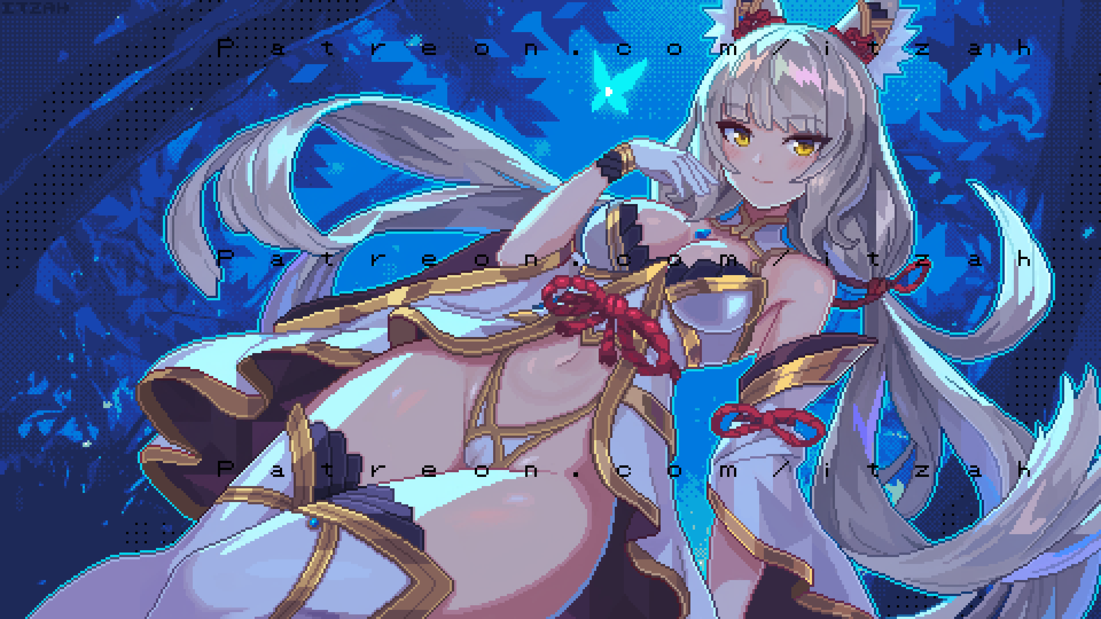 1girl absurdres adapted_costume animal_ear_fluff animal_ears artist_name bare_shoulders blush breasts bug butterfly cat_ears chest_jewel cleavage closed_mouth commentary_request detached_sleeves dutch_angle feet_out_of_frame gloves glowing_butterfly gold_trim grey_hair highres insect itzah long_hair long_sleeves looking_at_viewer low_twintails medium_breasts navel nia_(blade)_(xenoblade) nia_(xenoblade) outdoors panties pixel_art red_ribbon revealing_clothes ribbon smile solo standing thighhighs thong tree tsurime twintails underwear very_long_hair white_gloves white_panties white_thighhighs wide_sleeves xenoblade_chronicles_(series) xenoblade_chronicles_2 yellow_eyes