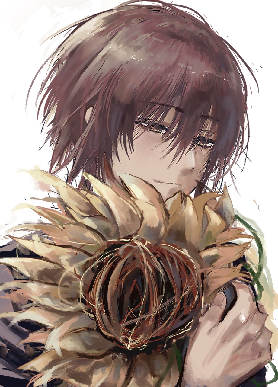 1boy black_jacket brown_eyes brown_hair flower gakuran hair_between_eyes highres holding holding_flower jacket kasukasugom1 kusanagi_naoya light_smile looking_down sakura_no_uta school_uniform short_hair simple_background solo straight_hair sunflower upper_body white_background yellow_flower