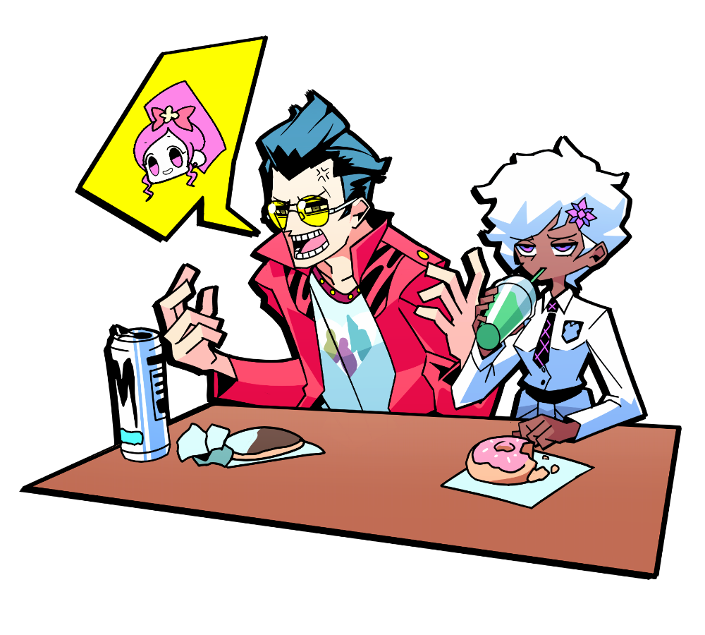 1boy 1girl afro anger_vein black_hair can chibi cup dark_skin disposable_cup donut drink_can drinking drinking_straw food glasses hair_ornament jacket monster_energy necktie no_more_heroes open_mouth pink_hair purple_eyes school_uniform shinobu_jacobs short_hair soda_can speech_bubble table tinted_eyewear transparent_background travis_touchdown white_hair