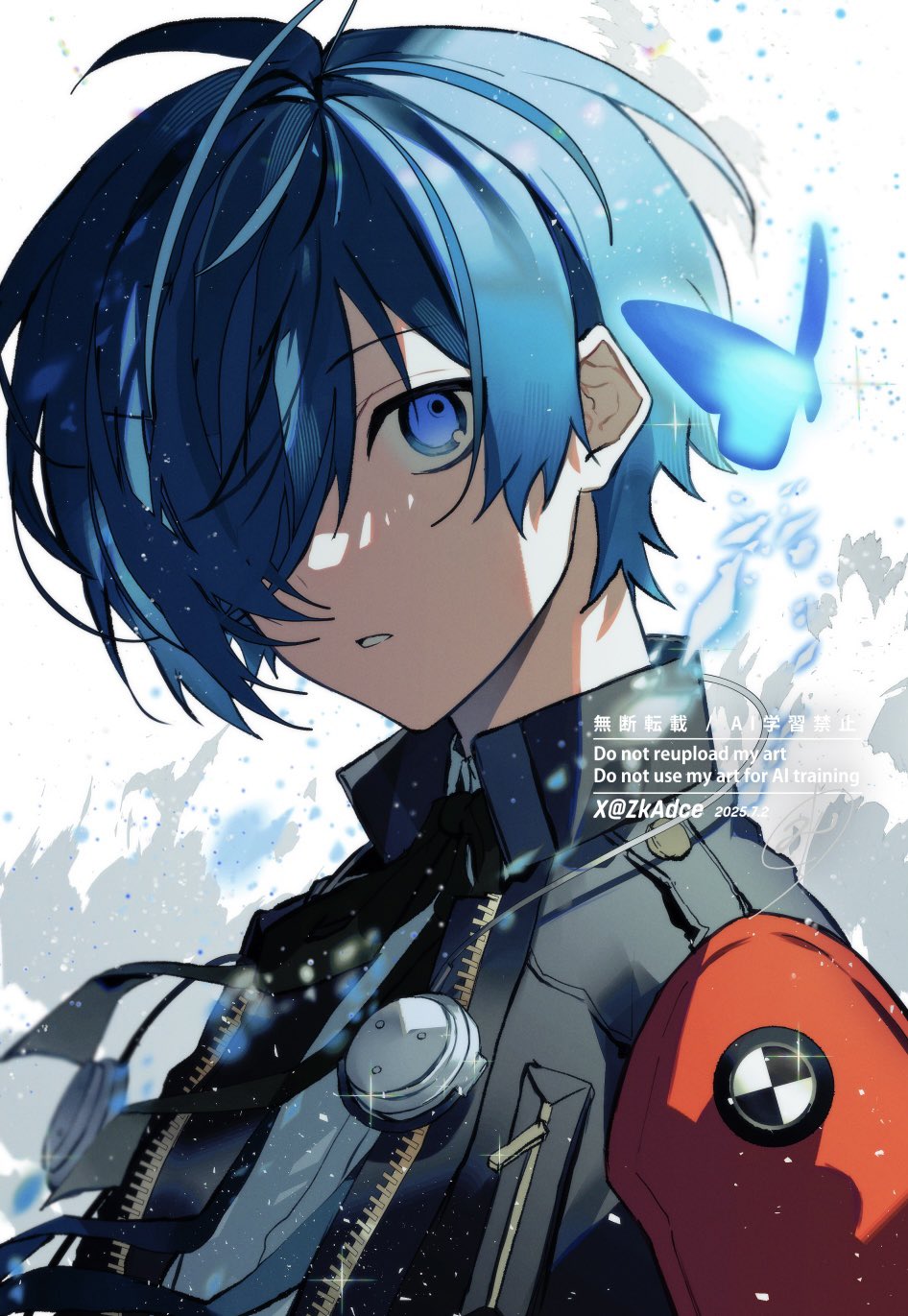 1boy armband black_jacket black_ribbon blue_butterfly blue_eyes blue_hair bug butterfly english_text hair_between_eyes hair_over_one_eye high_collar highres insect jacket light_particles looking_at_viewer male_focus neck_ribbon one_eye_covered parted_lips persona persona_3 persona_3_reload red_armband revision ribbon shirt signature solo teeth twitter_username upper_body watermark white_background white_shirt yuuki_makoto_(persona_3) zeka_(skzk_cm)