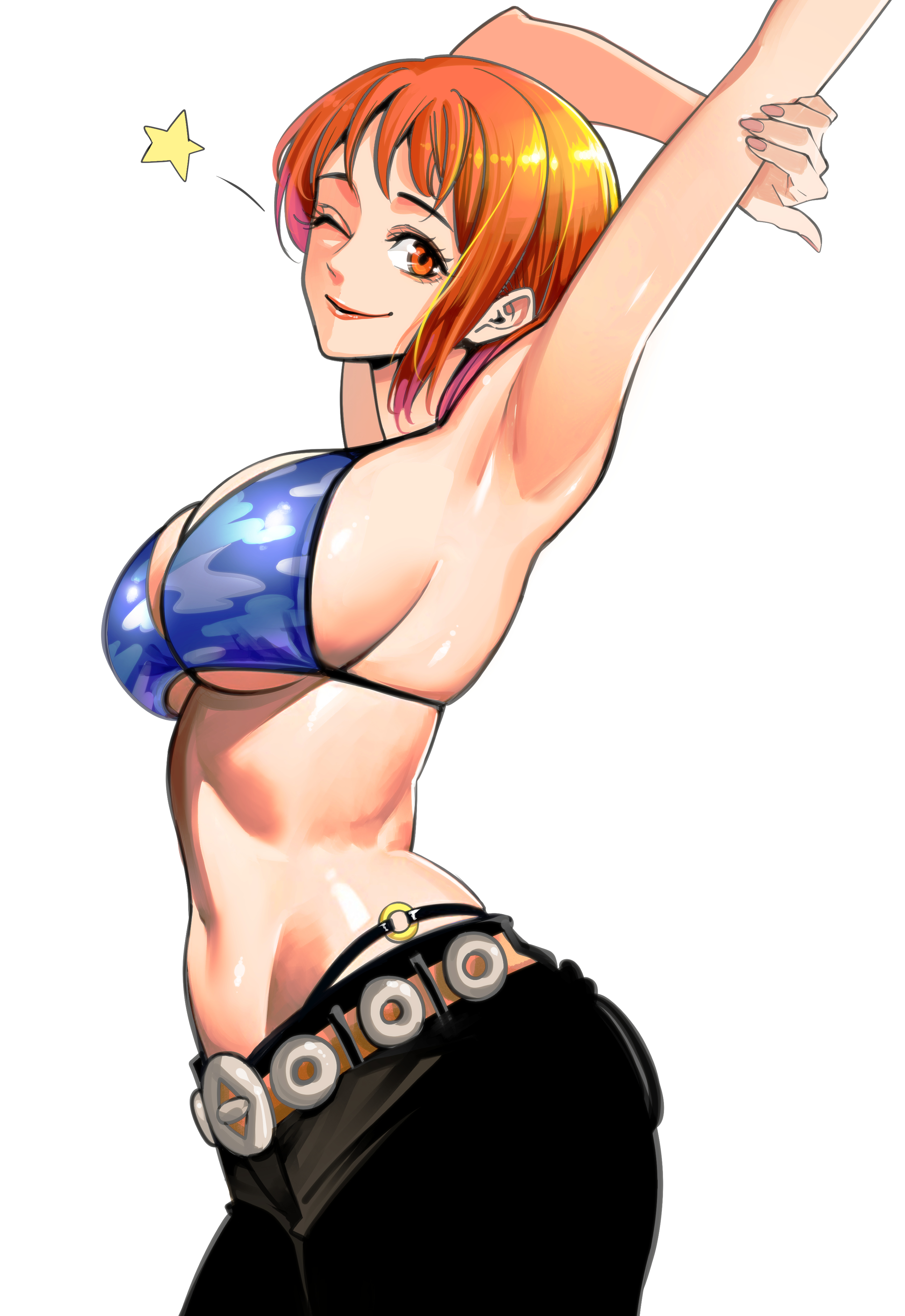 1girl absurdres arms_up belt bikini bikini_under_clothes black_pants curvy highres midriff nadainishi nami_(one_piece) nami_(one_piece)_(skypiea) navel one_eye_closed one_piece open_mouth orange_hair pants short_hair simple_background smile solo string_bikini swimsuit thong_bikini white_background wide_hips