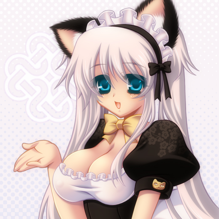 1girl :d animal_ear_fluff animal_ears blue_eyes bow bowtie breasts cat_ears cleavage eyes_visible_through_hair floral_print floral_print_sleeves grey_hair hakoiri_nyanko hand_up large_breasts long_hair mabinogi maid_headdress nao_(mabinogi) open_mouth print_sleeves puffy_short_sleeves puffy_sleeves short_sleeves sidelocks smile solo twintails upper_body weird_cat yellow_bow yellow_bowtie