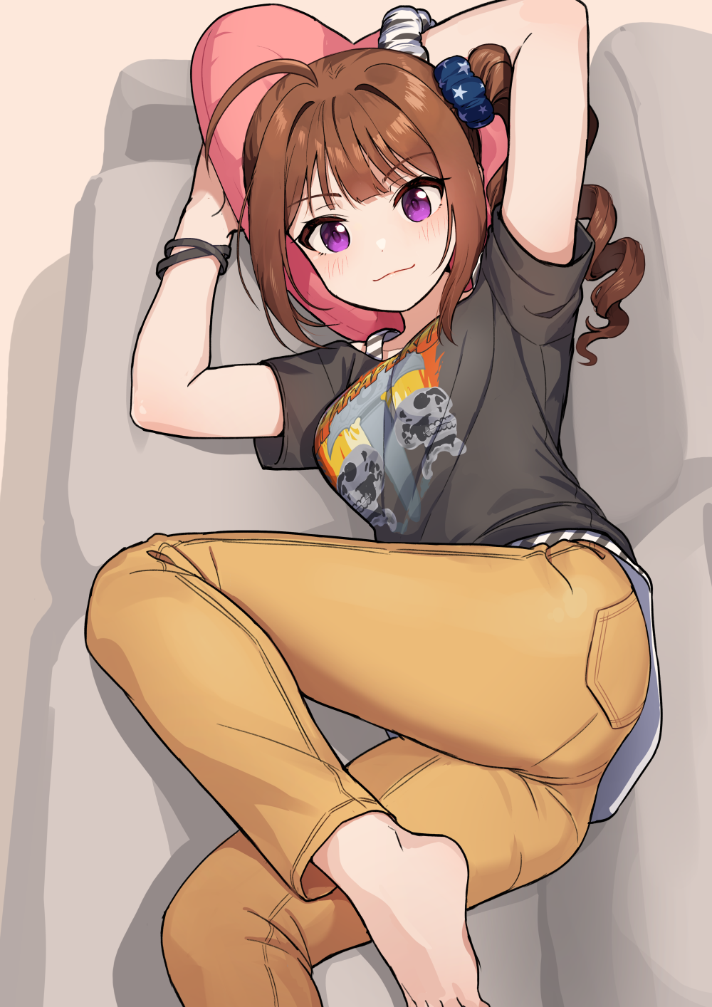 1girl ahoge barefoot black_shirt blush bracelet brown_hair couch cushion hair_ornament hair_scrunchie highres idolmaster idolmaster_million_live! jewelry kamille_(vcx68) light_smile long_hair looking_at_viewer lying on_couch on_side pants pink_eyes print_shirt redrawn scrunchie shirt side_ponytail sidelocks solo t-shirt wrist_scrunchie yellow_pants yokoyama_nao