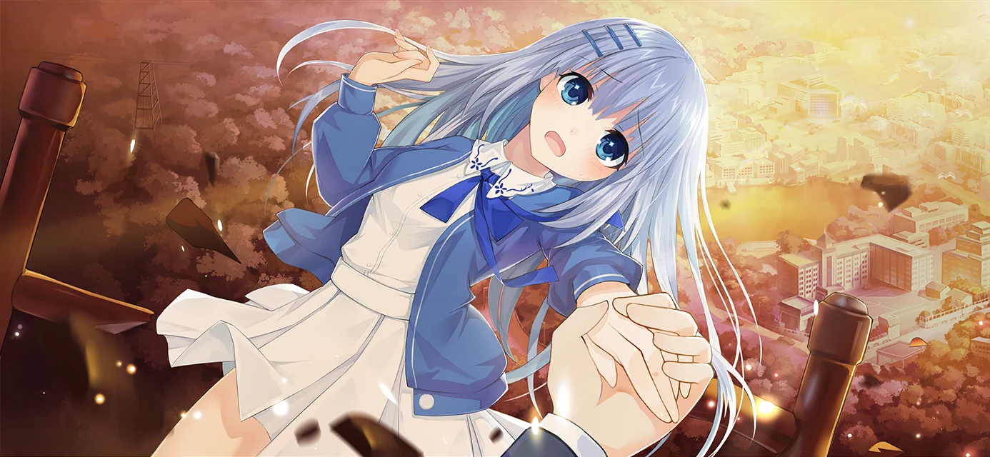 1boy 1girl blue_eyes blue_jacket breaking breasts collared_shirt date_a_live date_a_live:_spirit_pledge dress_shirt game_cg hair_ornament hairclip holding_hands jacket long_hair long_sleeves looking_at_viewer official_art open_clothes open_jacket open_mouth outdoors pleated_skirt school shirt skirt solo third-party_source tobiichi_origami tree white_hair