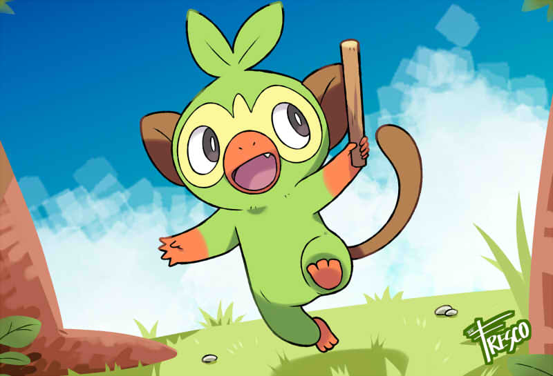 animal_focus black_eyes blue_sky commentary_request creatures_(company) day fang federico_freschi full_body game_freak gen_8_pokemon grookey holding holding_stick nintendo no_humans nostrils open_mouth outdoors pebble pokemon pokemon_(creature) rock signature sky solo stick