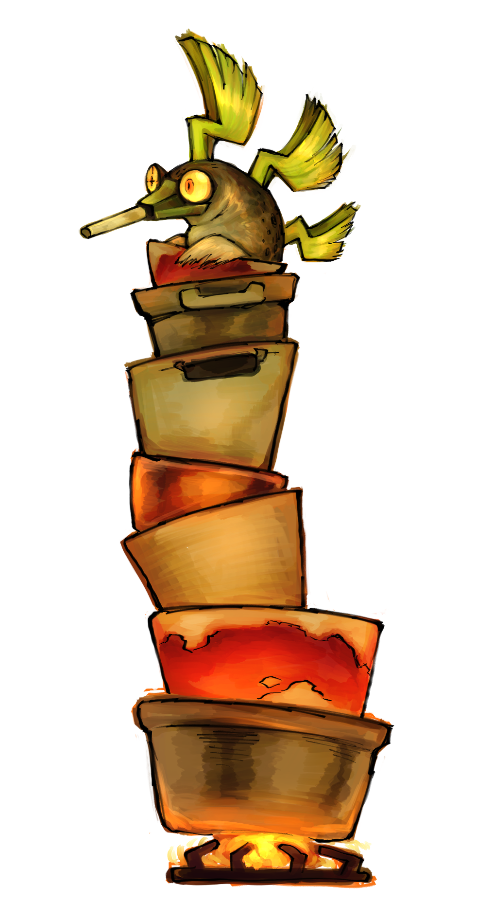 animal_focus bulging_eyes cooking_pot fire fish from_side gao_(kohozuna) green_hair highres mask mouth_mask nintendo no_humans orange_eyes salmon_run_(splatoon) sketch solo splatoon_(series) stack stinger_(splatoon) upper_body yellow_eyes