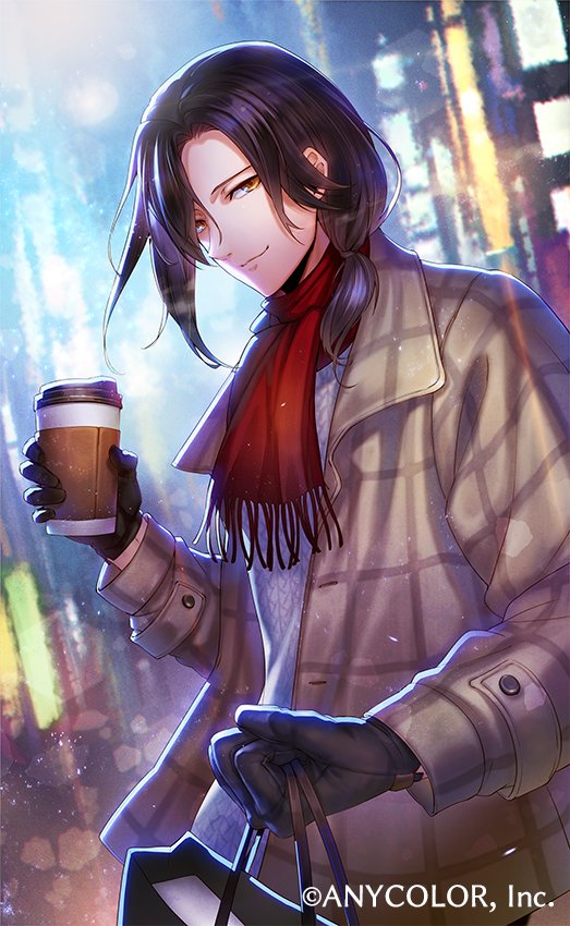 1boy bag black_gloves black_hair blurry blurry_background brown_jacket building closed_mouth copyright_notice cup disposable_cup fringe_trim gloves hair_over_shoulder holding holding_bag holding_cup hotaruika_niji jacket lens_flare long_sleeves looking_at_viewer low_ponytail male_focus medium_hair nijisanji official_art open_clothes open_jacket outdoors parted_bangs plaid_clothes plaid_jacket ponytail red_scarf scarf shellin_burgundy shopping_bag smile solo sweater upper_body virtual_youtuber white_sweater yellow_eyes