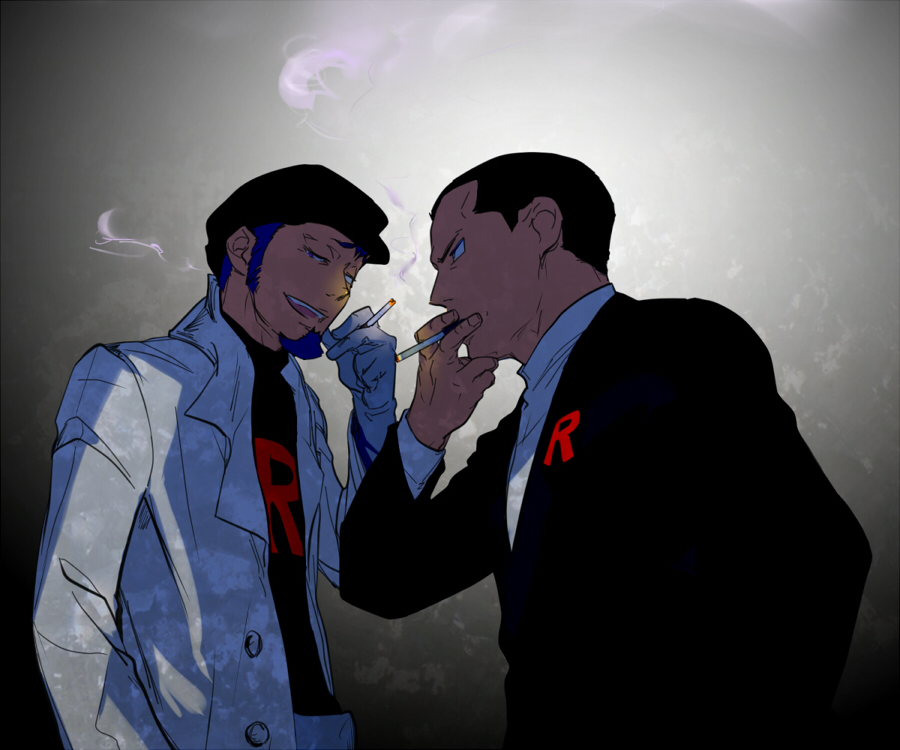 2boys black_hair black_headwear black_jacket buttons buzz_cut cigarette coat facial_hair giovanni_(pokemon) gloves goatee holding holding_cigarette jacket male_focus multiple_boys nintendo open_mouth petrel_(pokemon) pokemon pokemon_hgss pokemon_rgby purple_hair shirt short_hair sideburns smile smoke smoking team_rocket teeth upper_teeth_only very_short_hair white_coat white_gloves white_shirt you_(kumi_siro_kuro)