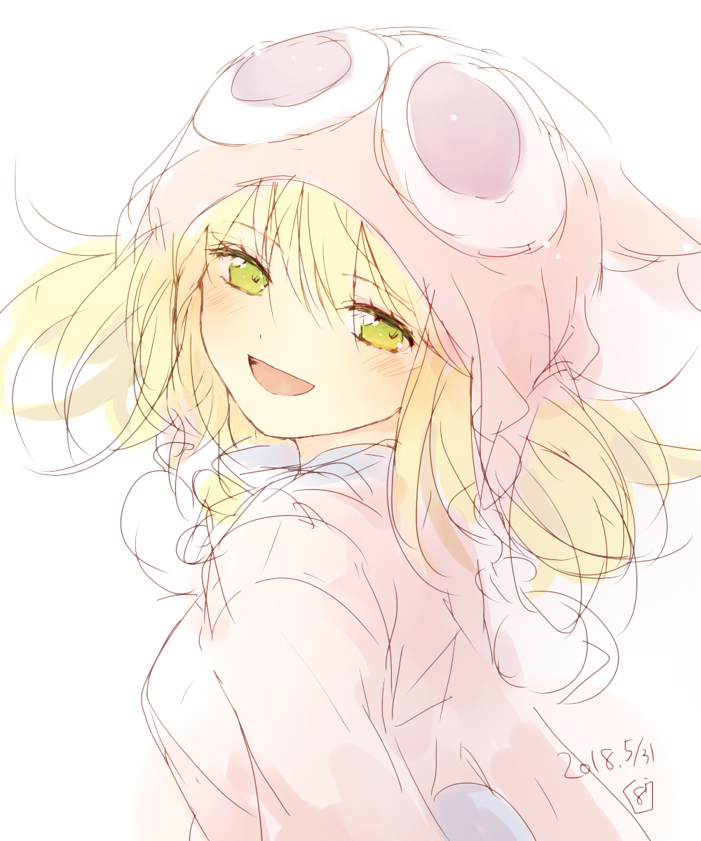 1girl amitie_(puyopuyo) blonde_hair blush character_hat dated eyelashes from_side green_eyes hana_(mew) hat highres long_sleeves looking_at_viewer messy_hair open_mouth puyo_(puyopuyo) puyopuyo puyopuyo_fever red_hat simple_background sketch solo upper_body white_background