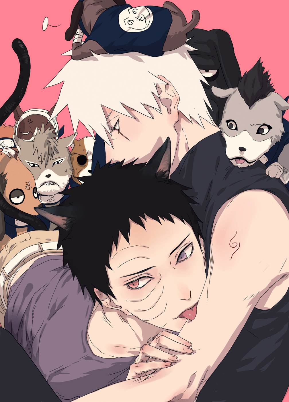 2boys akino_(naruto) animal_ears bisuke_(naruto) bluesy bull_(naruto) cat_boy cat_ears cat_tail dog guruko_(naruto) hatake_kakashi heterochromia highres licking licking_arm male_focus multiple_boys naruto_(series) pakkun_(naruto) scar scar_across_eye scar_on_face shiba_(naruto) short_hair sleeveless spiked_hair tail tongue tongue_out uchiha_obito urushi_(naruto) uuhei_(naruto) yaoi