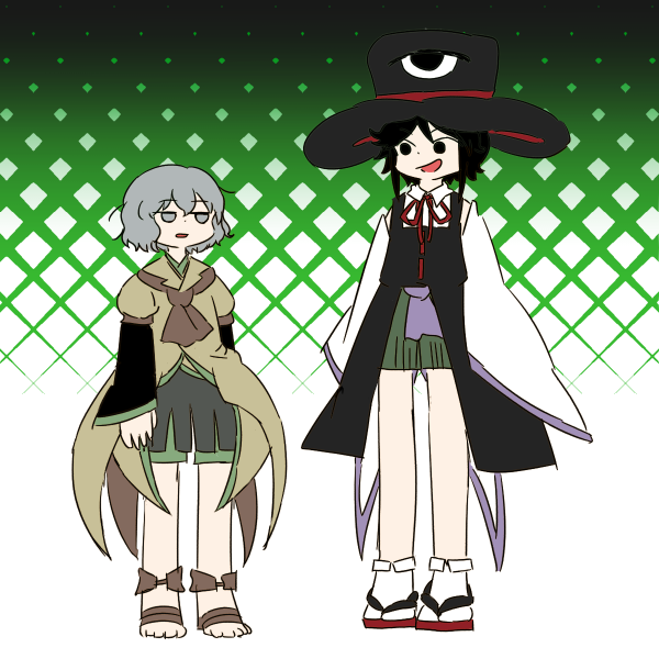2others androgynous bare_legs bare_shoulders black_coat black_eyes black_hair black_hat black_kimono black_shorts brown_coat brown_footwear chikafumikou coat coattails collared_coat collared_shirt collared_socks color_switch commentary_request cosplay costume_switch detached_sleeves dot_nose enraku_tsubakura expressionless eye_of_senri full_body green_background green_hakama grey_eyes grey_hair hair_between_eyes hakama hakama_short_skirt hakama_skirt hat houlen_yabusame japanese_clothes jinbei_(clothes) kimono lapels layered_sleeves len&#039;en long_sleeves looking_at_another multiple_others neck_ribbon notched_lapels open_mouth other_focus puffy_short_sleeves puffy_sleeves red_footwear red_hat red_ribbon ribbon ribbon-trimmed_coat ribbon_trim sandals shirt short_hair short_hair_with_long_locks short_kimono short_over_long_sleeves short_sleeves shorts sidelocks skirt sleeveless sleeveless_coat sleeveless_shirt sleeves_past_fingers sleeves_past_wrists smile socks standing tabi toes top_hat two-sided_fabric two-sided_headwear two-tone_background white_background white_shirt white_sleeves white_socks wide_sleeves zouri