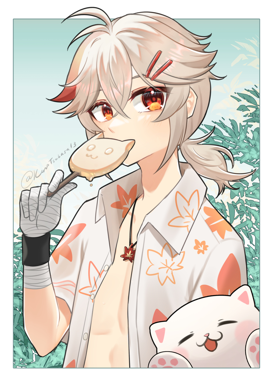 1boy bandaged_hand bandages cat eating food genshin_impact hair_between_eyes hair_ornament hairclip highres holding holding_food holding_ice_cream holding_popsicle ice_cream japanese_clothes kaedehara_kazuha kuro_tsubasa leaf_print male_focus maple_leaf_print multicolored_hair open_clothes open_shirt ponytail popsicle red_eyes red_hair shirt solo streaked_hair white_fur white_hair white_shirt