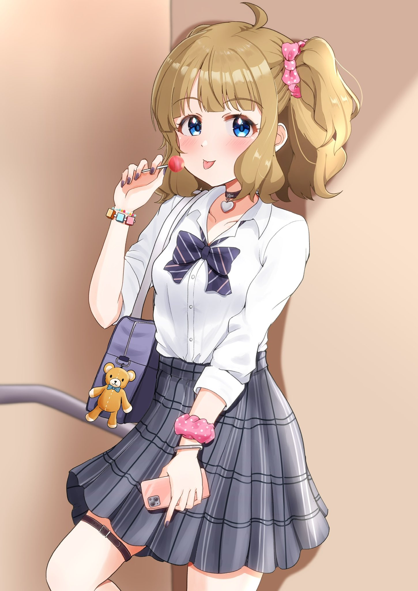 1girl ahoge black_choker blue_bow blue_bowtie blue_eyes blush bow bowtie bracelet breasts brown_hair buttons candy cellphone checkered_clothes checkered_skirt choker chupa_chups collarbone commentary_request concept_gyarus_(idolmaster) food grey_bag grey_skirt hand_up heart heart_choker highres holding holding_candy holding_food holding_phone idolmaster idolmaster_million_live! idolmaster_million_live!_theater_days indoors jewelry lollipop long_sleeves looking_at_viewer medium_hair official_alternate_costume open_collar phone pink_scrunchie scrunchie shirt sidelocks skirt small_breasts smartphone smile solo striped_bow striped_bowtie striped_clothes suou_momoko tanukiinu005 thigh_strap thighs tongue tongue_out twintails wavy_hair white_shirt wrist_scrunchie