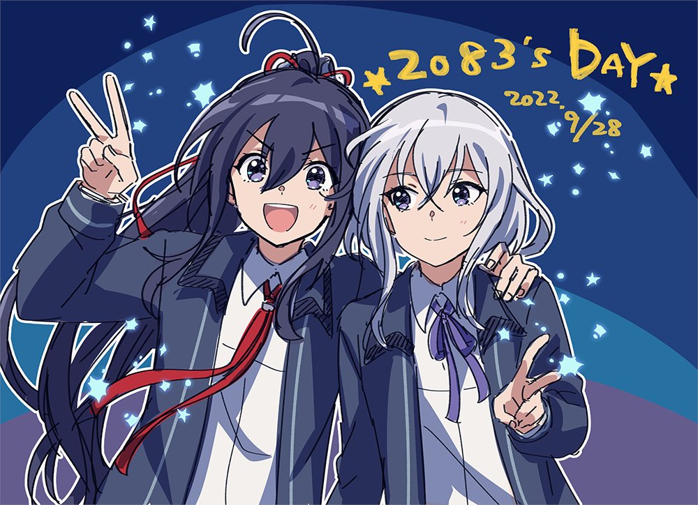 2boys :d ahoge black_hair blue_background collared_shirt hand_on_another&#039;s_shoulder high_ponytail honebami_toushirou honebami_toushirou_(kiwame) long_hair male_focus matsuki_(mikipingpong) multiple_boys namazuo_toushirou namazuo_toushirou_(kiwame) open_mouth ponytail purple_eyes shirt smile star_(symbol) touken_ranbu translation_request upper_body v v-shaped_eyebrows very_long_hair white_hair